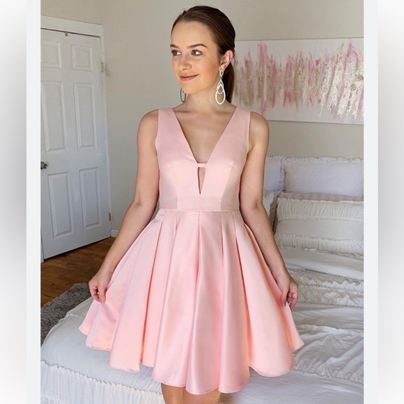 hebeos Dresses & Skirts - HEBEOS pink A-Line/Princess Sleeveless V-neck Short/Mini Satin Dresses